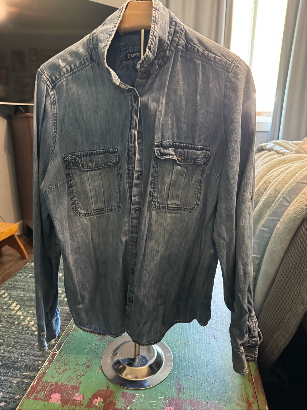 Express Faded Blue Denim-Style Shirt Jacket